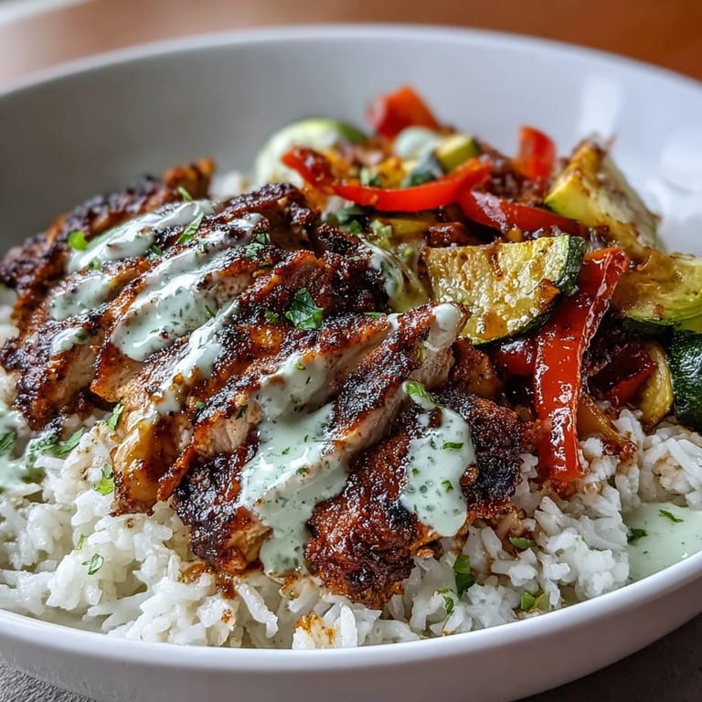 A close-up view of a Blackened Chicken Bowl showing seasoned chicken, vibrant peppers and zucchini, topped with a dollop of zesty lime crema.