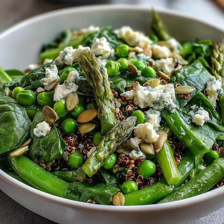 Colorful Spring Green Bowl garnished with toasted pumpkin seeds and optional feta, finished with fresh dill on a rustic table.