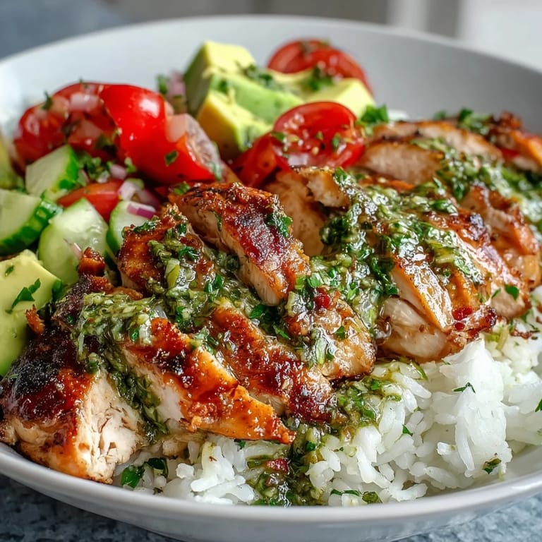 Colorful bowl of Chimichurri Chicken Bowl with avocado, cherry tomatoes, and zesty herb sauce.