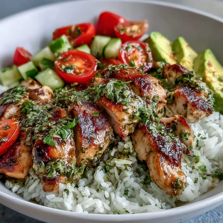 Sizzling sliced Chimichurri Chicken Bowl served over rice, garnished with fresh cilantro and lime wedges.