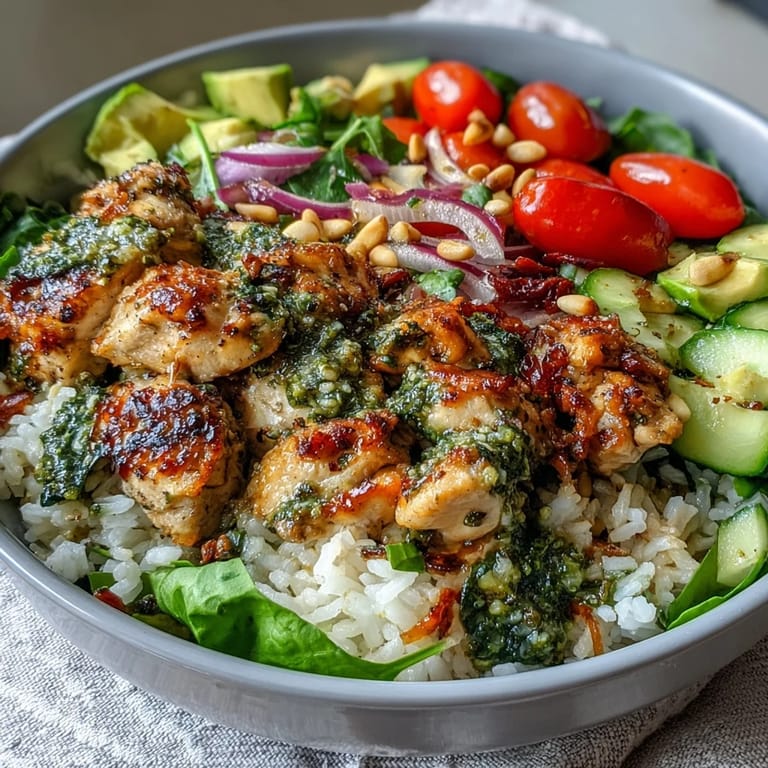 Savory Pesto Chicken Bowl piled high with vibrant marinated chicken, crisp cucumber and red onion, plus buttery avocado, ready to serve for a healthy family dinner.
