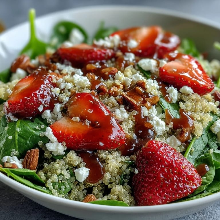 Colorful strawberry feta quinoa salad, drizzled with balsamic vinaigrette and topped with toasted almonds for a refreshing spring dish.