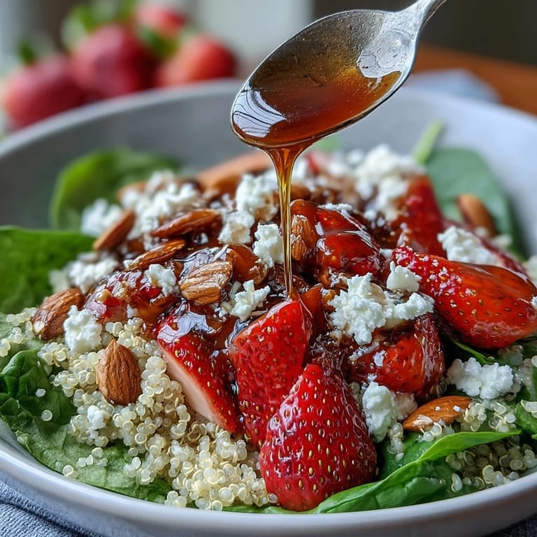 Strawberry feta quinoa salad bowl, featuring juicy berries, tangy cheese, and nutty quinoa tossed with spinach and crunchy almonds.  