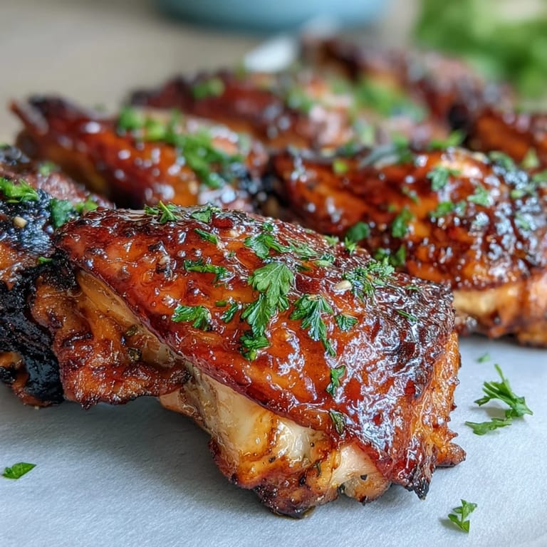 A close-up shot of golden-brown honey garlic chicken thighs glistening with glaze, garnished with fresh parsley.