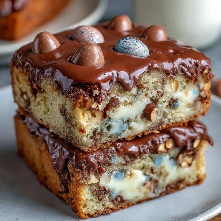 Springtime Cadbury Egg Blondies: soft, buttery blondies bursting with colorful Cadbury Mini Eggs and a glossy white chocolate drizzle on top.
