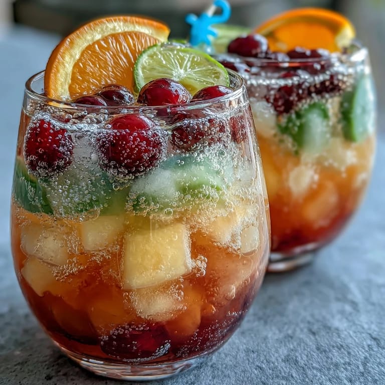 Refreshing sherbet and lemon-lime soda punch bowl, bubbling with colorful scoops and garnished with juicy fruit slices.