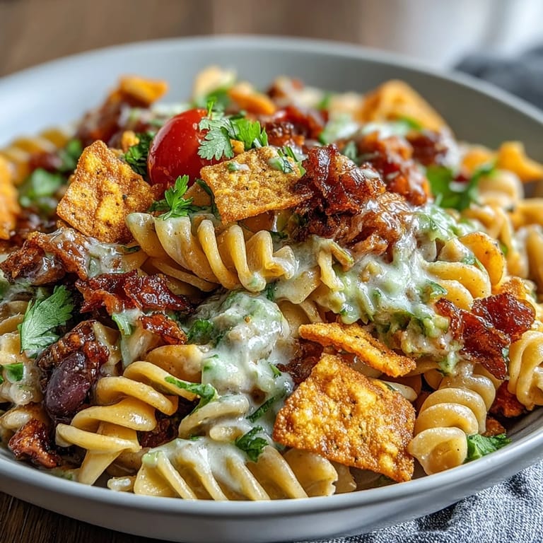 Taco pasta salad featuring Doritos, black beans, and avocado ranch dressing—perfect for summer gatherings.