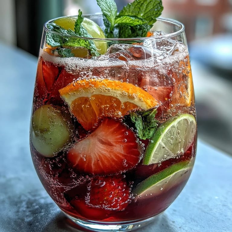 Colorful Spring Sangria Mocktail with white grape juice, orange, lemon, and lime slices, served over ice with fresh mint.