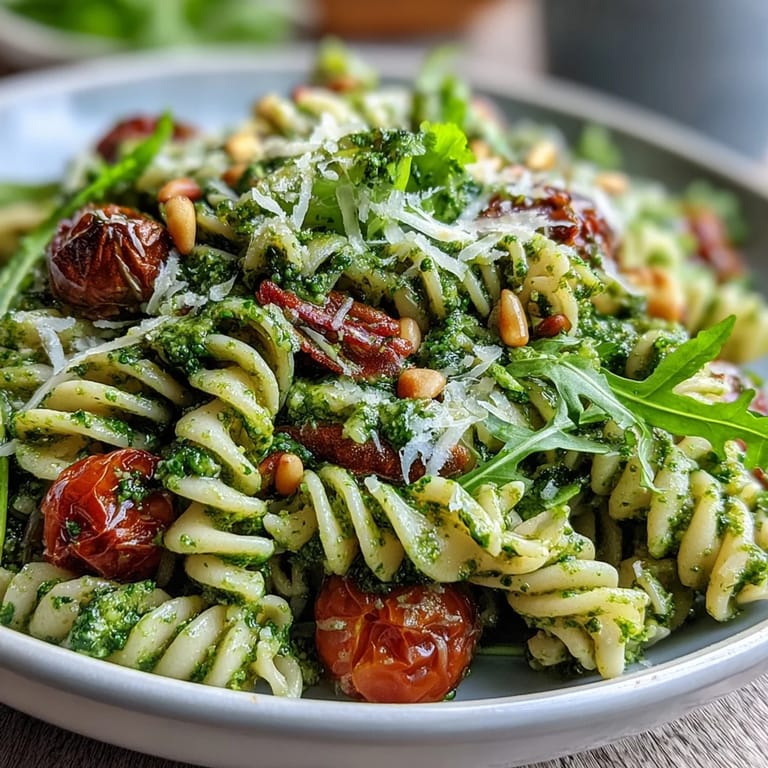 Vibrant vegetarian pasta salad featuring al dente noodles, homemade pesto, and ripe cherry tomatoes, topped with parmesan shavings.