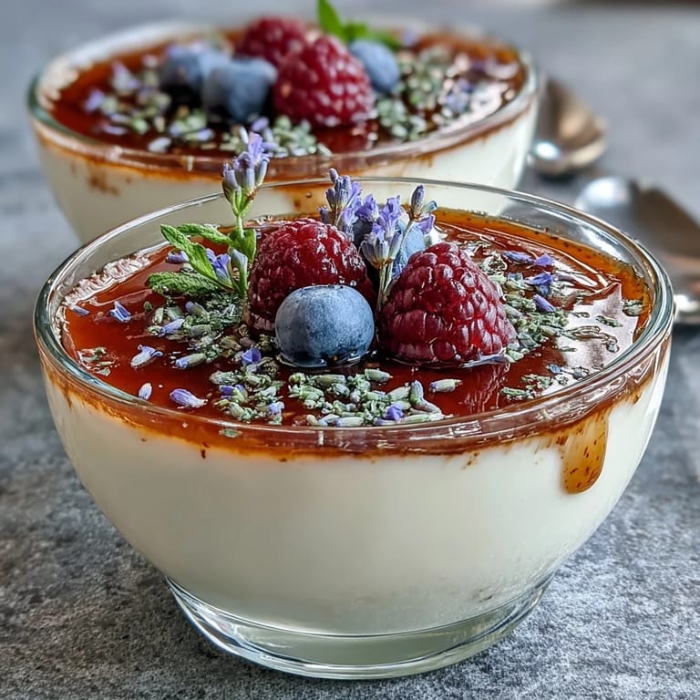 Elegant Honey Lavender Panna Cotta, a smooth Italian custard infused with aromatic lavender, served with a light honey glaze and fresh raspberries.