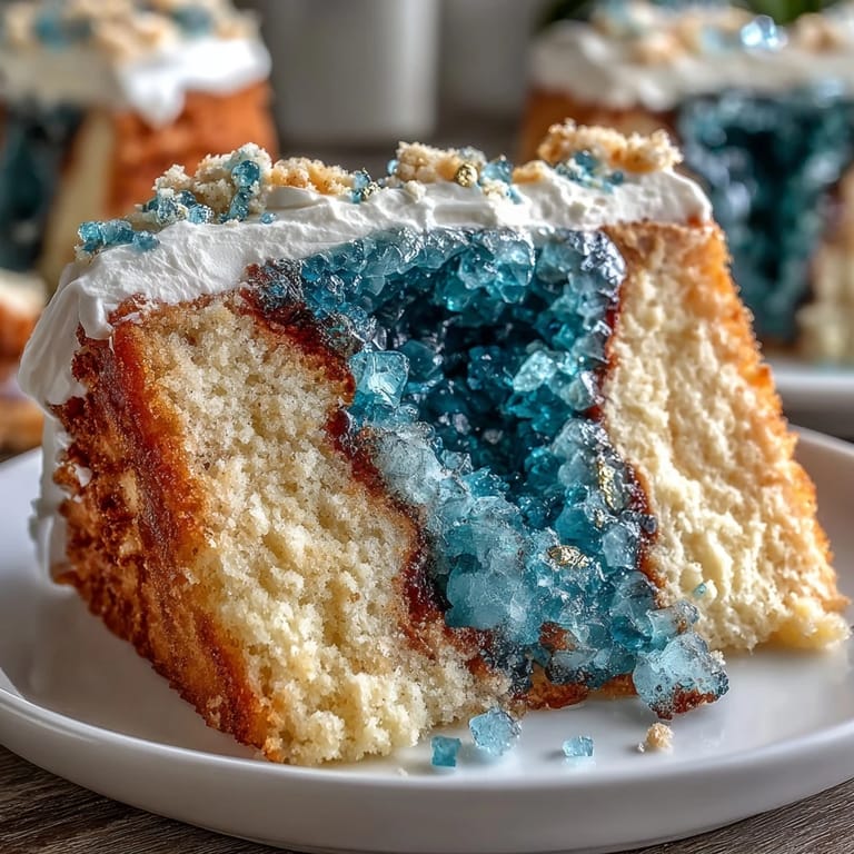 Graduation celebration cake showcasing a carved teal and gold geode slice, decorated with edible gold leaf and rock candy.