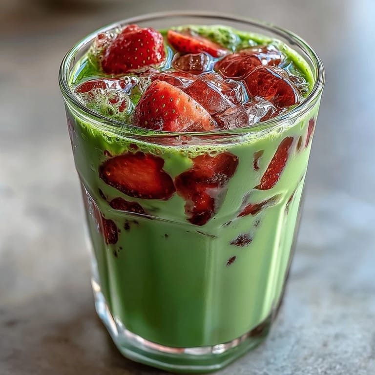 Refreshing vegan strawberry matcha latte with oat milk, combining sweet strawberries, earthy matcha, and chilled oat milk for a perfect summer beverage.
