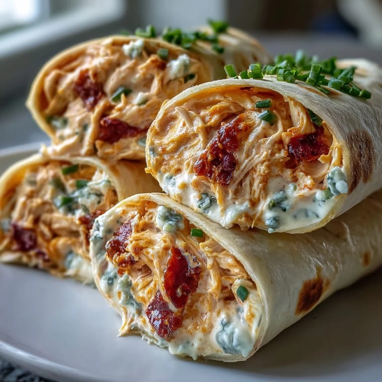 Creamy buffalo chicken filling with blue cheese and celery rolled into soft tortillas, chilled and cut into bite-sized party pinwheels.