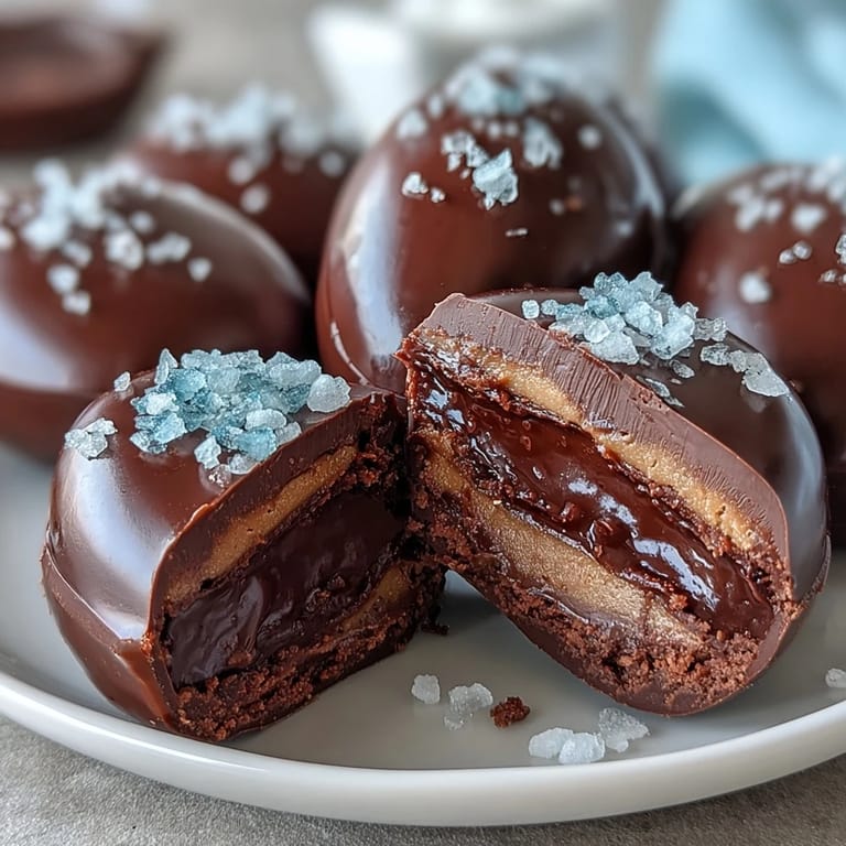 Handmade dark chocolate Easter eggs filled with smooth peanut butter and finished with a sprinkle of sea salt, ideal for holiday dessert platters.