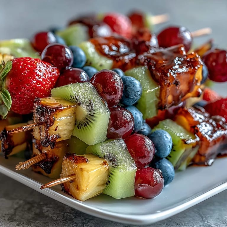 Rainbow Fruit Skewers with Honey Dip, showcasing a medley of bright fruits in rainbow order, paired with a luscious honey and Greek yogurt dip for a delightful snack.