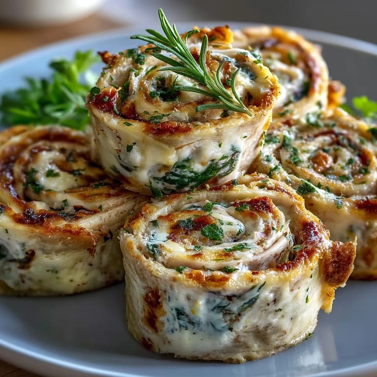 Fresh spinach and turkey layered with cheddar cheese in soft tortillas, rolled and cut into easy party snacks.