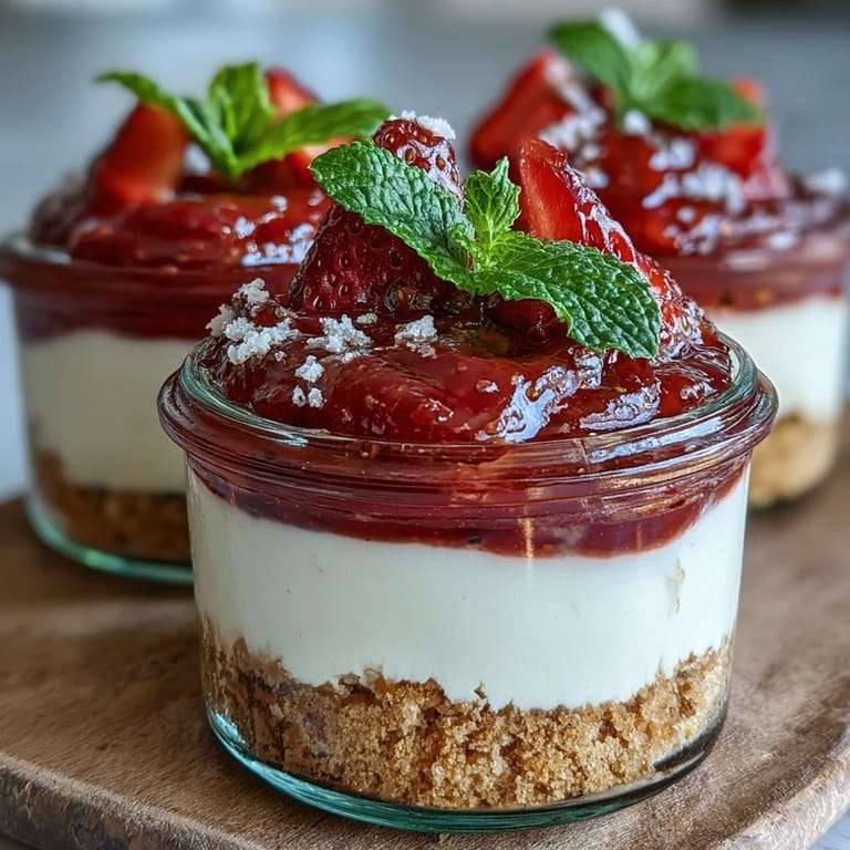Layered No-Bake Strawberry Cheesecake Jars featuring buttery graham cracker base and vibrant berry topping.