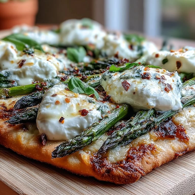 Vibrant roasted asparagus flatbread with burrata, perfect served warm.
