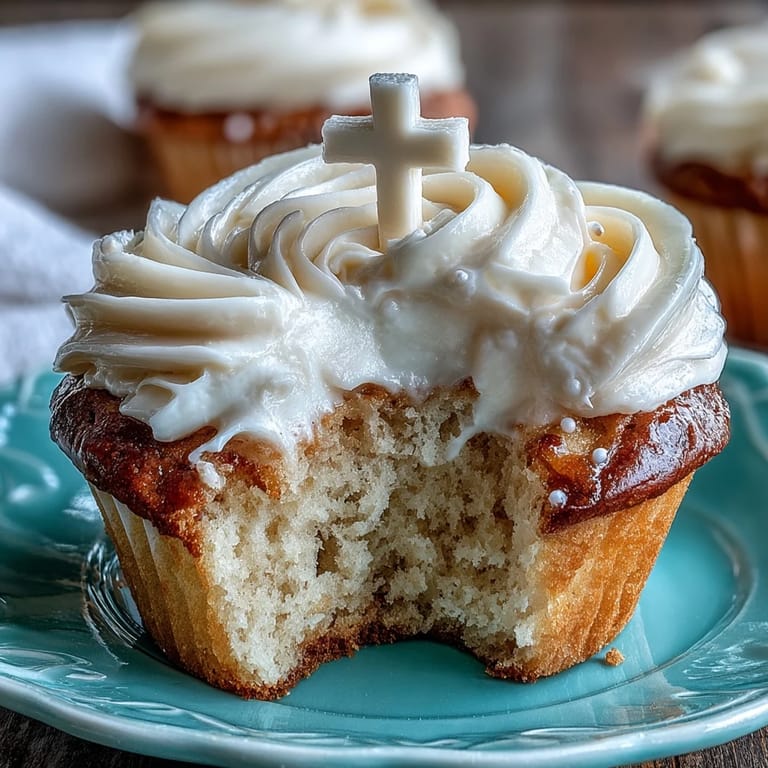 Decorated communion cupcakes showcase delicate white fondant crosses, perfect for celebration.