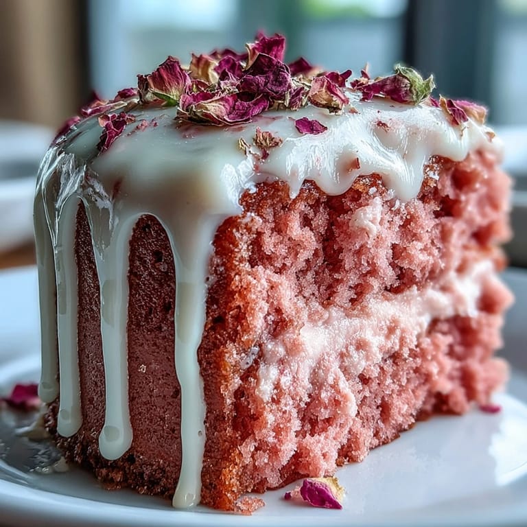 A beautiful pink rosé velvet cake, perfect for celebrations with a shimmering gold accent.