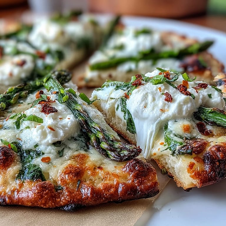 Enjoy this delicious asparagus flatbread, topped with burrata and lemon.