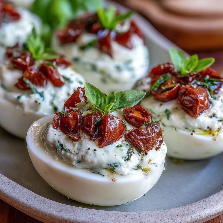 Vibrant Caprese Deviled Eggs, easy appetizer featuring mozzarella, tomato, and basil drizzle.