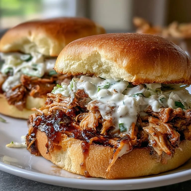 Deliciously smoky pulled chicken sandwiches ready to be devoured with zesty sauce.