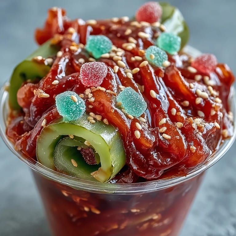 Layered sweet and sour Chamoy Pickle Kit bursting with flavor and color.