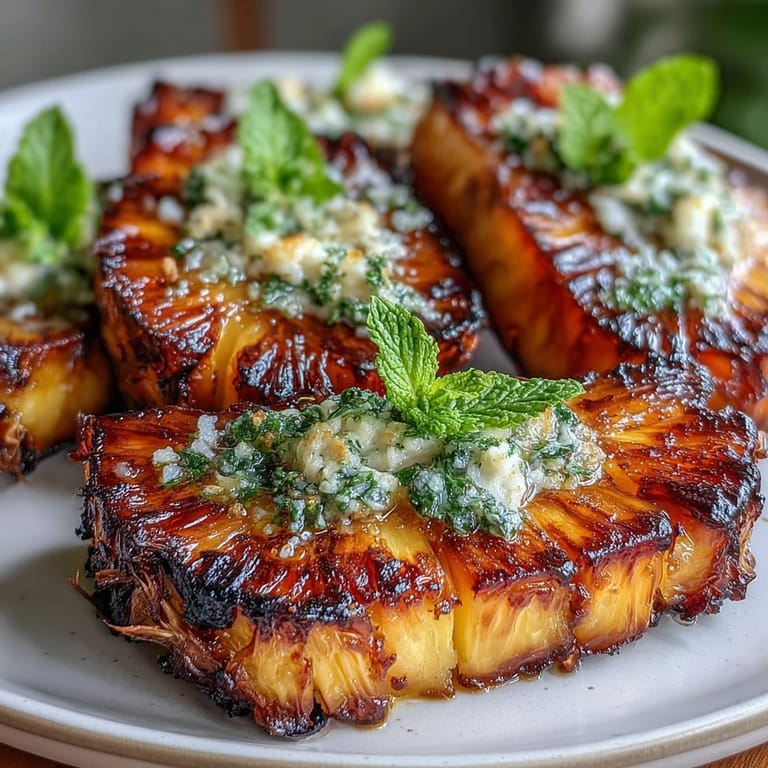 Vibrant closeup shows grilled pineapple spears topped with zesty yuzu kosho butter.