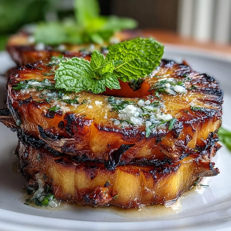 Sweet grilled pineapple dessert glistening with melted yuzu kosho butter and a touch of salt.