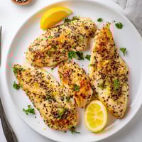 Golden-brown Lemon Pepper Chicken served with lemon wedges and fresh parsley on a white plate.
