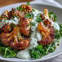 Roasted Cauliflower with Lemon Lentil Cumin Tahini Yogurt garnished with sesame seeds and fresh herbs.