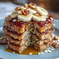 Golden-brown Banana Oat Pancakes stacked high, topped with sliced bananas and a drizzle of maple syrup for a wholesome breakfast.  