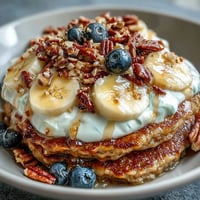 A warm Protein Pancake Bowl with fluffy golden pancakes, topped with creamy Greek yogurt, fresh berries, sliced banana, nuts, and a honey drizzle.
