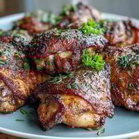 Crispy Baked Bone-In Chicken Thighs with golden crackling skin and juicy meat served on a baking sheet with lemon wedges.