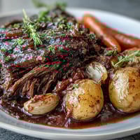 Sizzling, golden-brown beef pot roast nestled with tender carrots and potatoes in a rich red wine gravy.