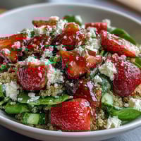 Fresh strawberry feta quinoa salad with balsamic dressing, vibrant colors and creamy cheese for a satisfying vegetarian meal.  