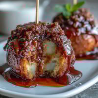Mini Candy Apple Bites on Toothpick Skewers: glossy red candy-coated apple chunks, ready for party trays.