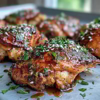 Honey garlic baked chicken thighs with golden crispy skin in a savory-sweet glaze.