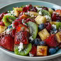 Vibrant rainbow fruit platter with fresh strawberries, pineapple, kiwi, and berries served with fluffy coconut whipped cream.