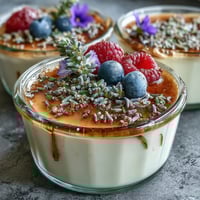 Silky Honey Lavender Panna Cotta with a golden honey drizzle and fresh berries, a fragrant spring dessert in delicate glass cups.