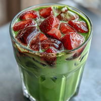 Vibrant layered strawberry matcha latte with oat milk, featuring fresh strawberry puree, creamy oat milk, and frothy matcha in a tall glass.