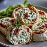 Turkey, cheese, and spinach tortilla pinwheels arranged on a platter, perfect for party appetizers or lunchbox snacks.
