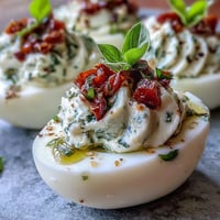 Caprese Deviled Eggs: Creamy filling topped with fresh tomatoes and mozzarella.